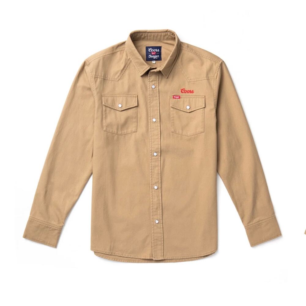 Seager x Coors Banquet Beer Reagan Denim Pearl Snap Long Sleeve Shirt Mens Large